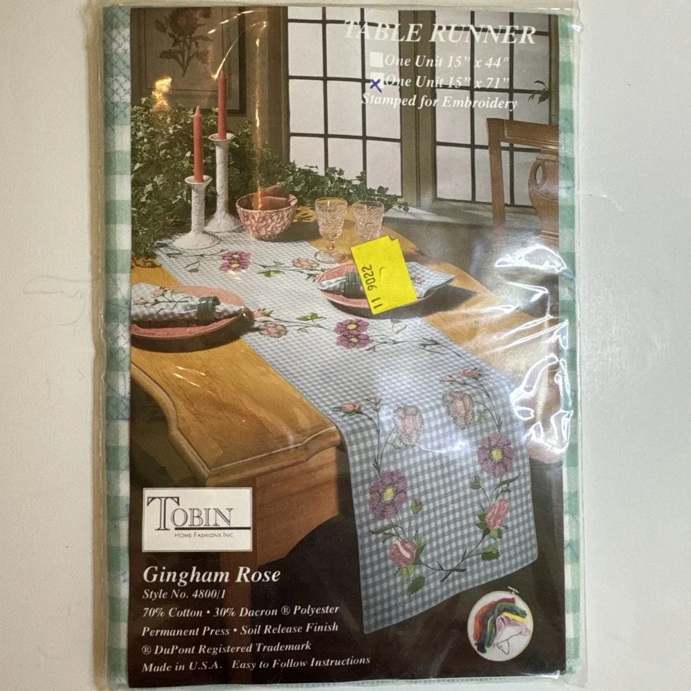 New VTG Tobin Gingham Rose Embroidery Table Runner Kit 15
